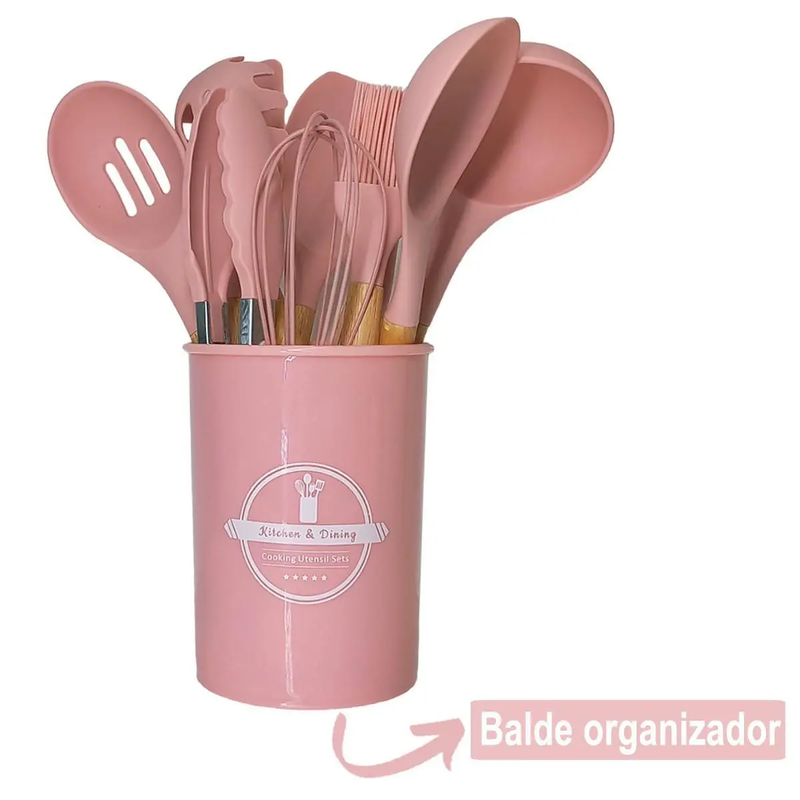 Kit Utensílios de Cozinha 12Pçs - Silicone e Cabo de Madeira