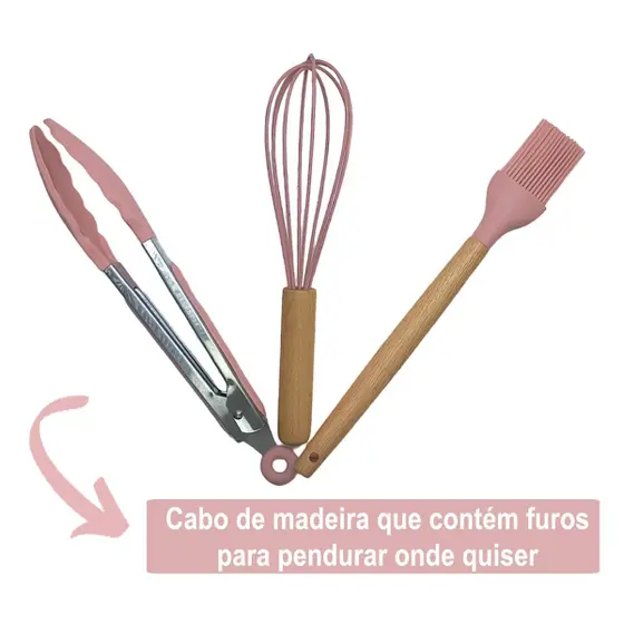 Kit Utensílios de Cozinha 12Pçs - Silicone e Cabo de Madeira