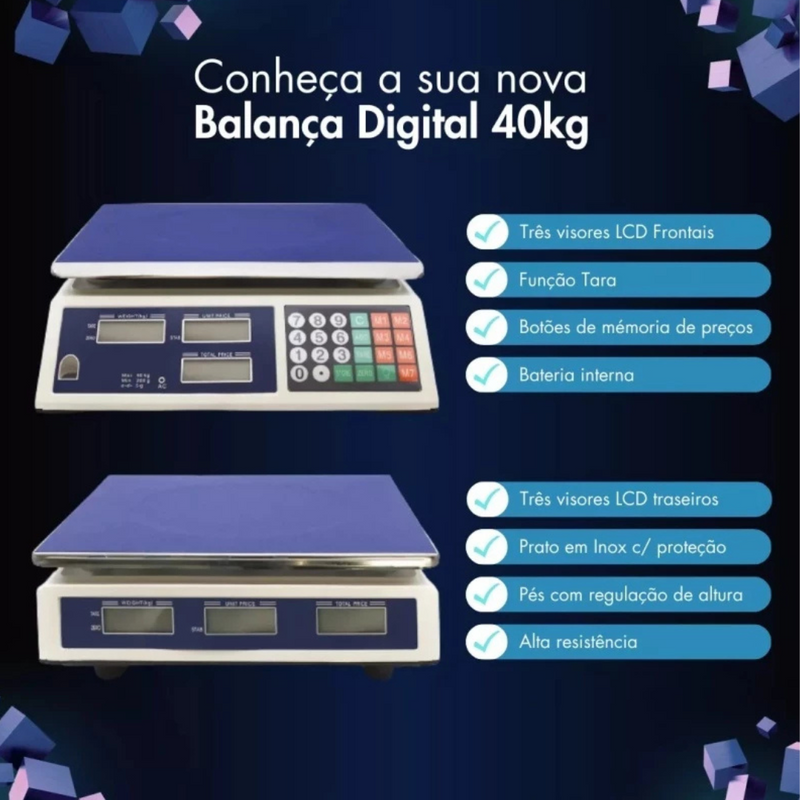 Balança 40kg bivolts 110/220v eletrônica recarregável