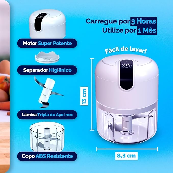 MINI TRITURADOR DE ALHO PROCESSADOR DE ALIMENTO ELÉTRICO USB 3 LÂMINAS