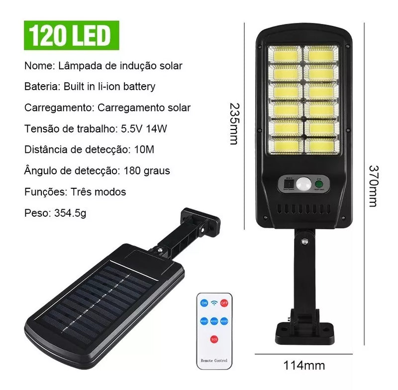 Luminária Lâmpada Solar de Parede 128 COB Rua Poste Sensor de Movimento com Alarme e Controle