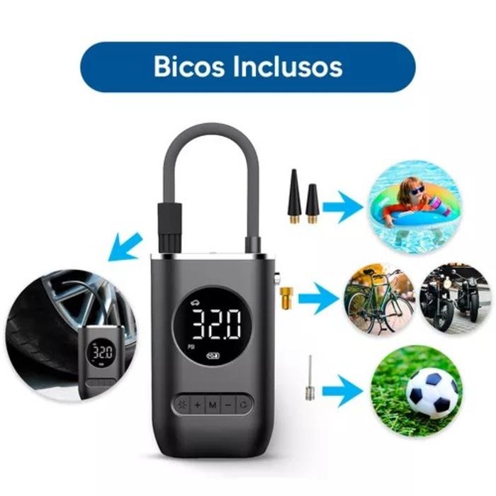 MINI COMPRESSOR DE AR PORTATIL CALIBRADOR PARA PNEU CARRO MOTO BICICLETA BIVOLT RECARREGAVEL